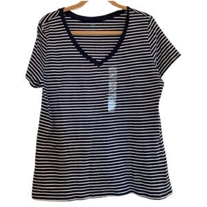 DIP Tee Shirt Navy Blue White V Neck Short Sleeve Top Size Large 100% Cotton NWT